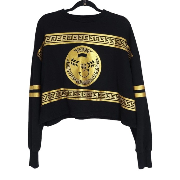 Lazy Oaf Crop Top All Hail Bear Gold Black Crewneck Sweatshirt Greek Key Logo OS - Picture 1 of 11